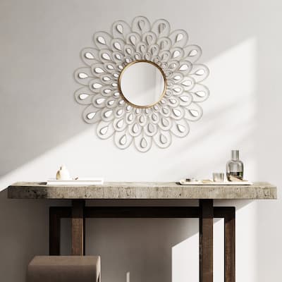 Flower Burst Bling Round Wall Mirror with Gold Metal Frame, Decorative Mirror - 36 x 36