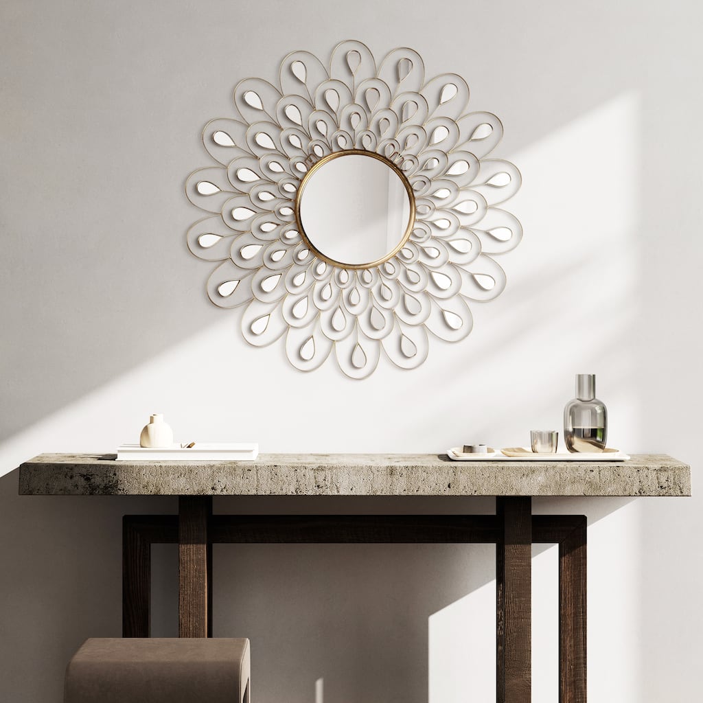 Flower Burst Bling Round Wall Mirror with Gold Metal Frame, Decorative Mirror - 36 x 36