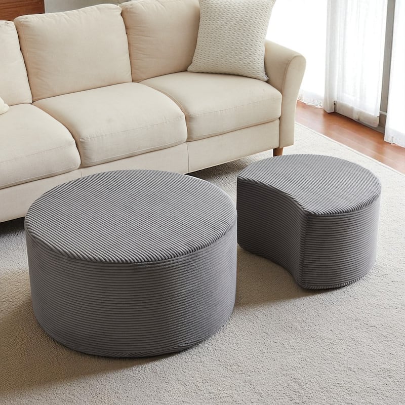 Set of 2 Round Nesting Coffee Tables, Upholstered Corduroy Ottoman Accent Tables, Modern Foam Design, No Assembly