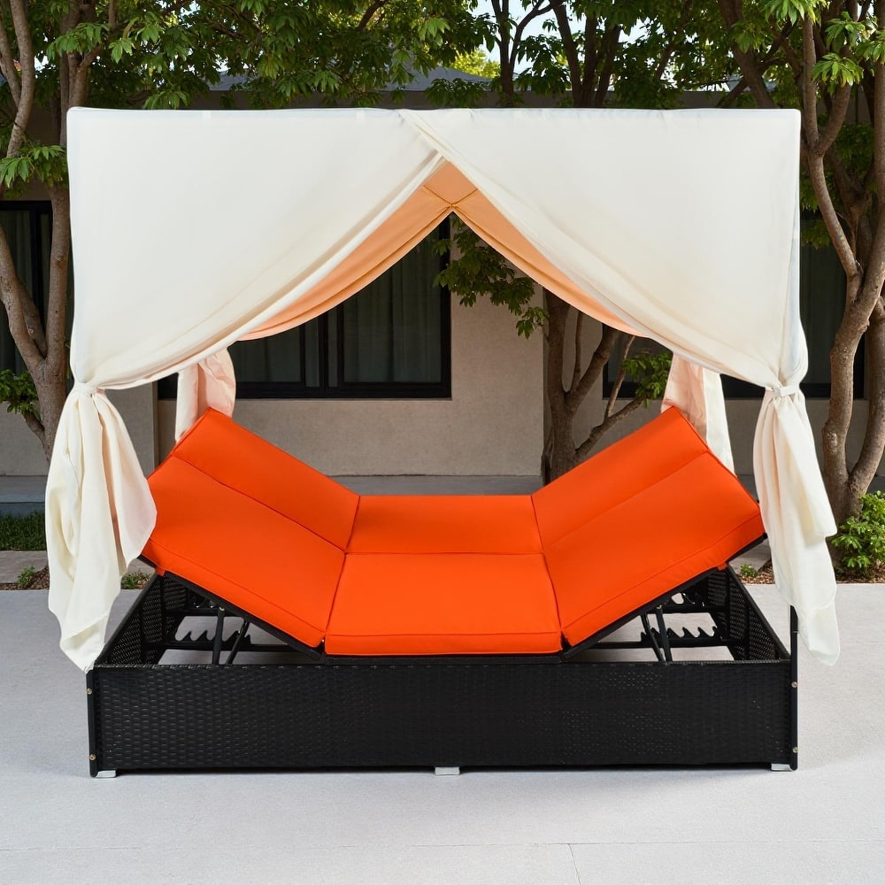 Outdoor Patio Rattan Canopy Daybed Sunbed with Curtain and Adjustable Seat