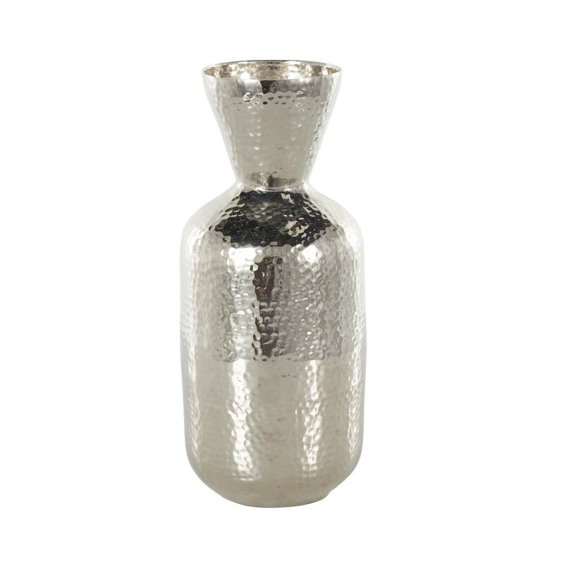 Silver Aluminum Metal Hammered Decorative Vase with Cone Shaped Opening