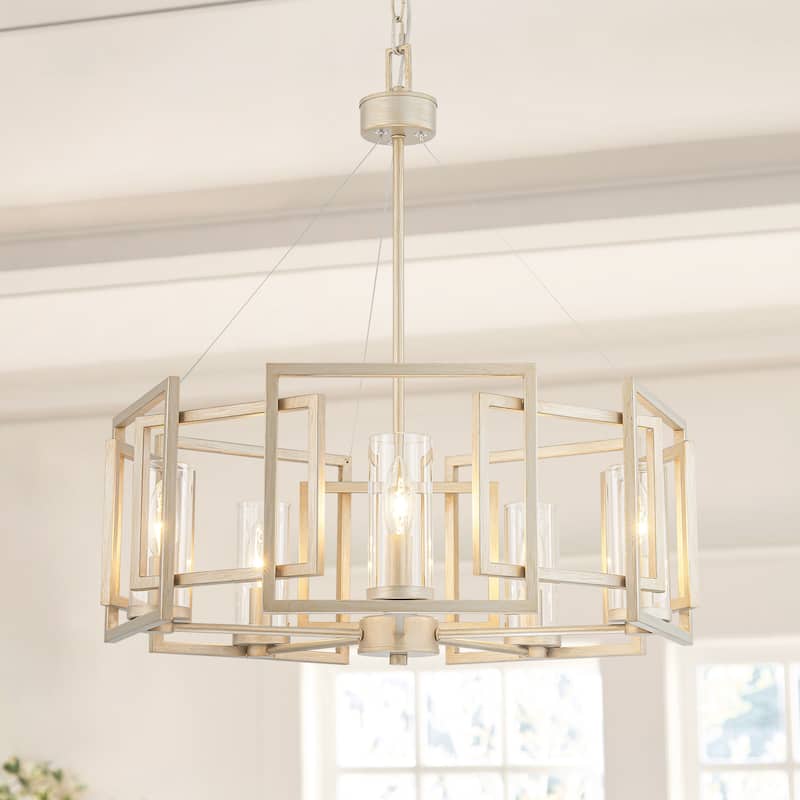 5-Light Industrial Vintage Brushed Gold Drum Large Chandelier with Clear Glass Shade - 23.6 in. W x 25.7 in. H