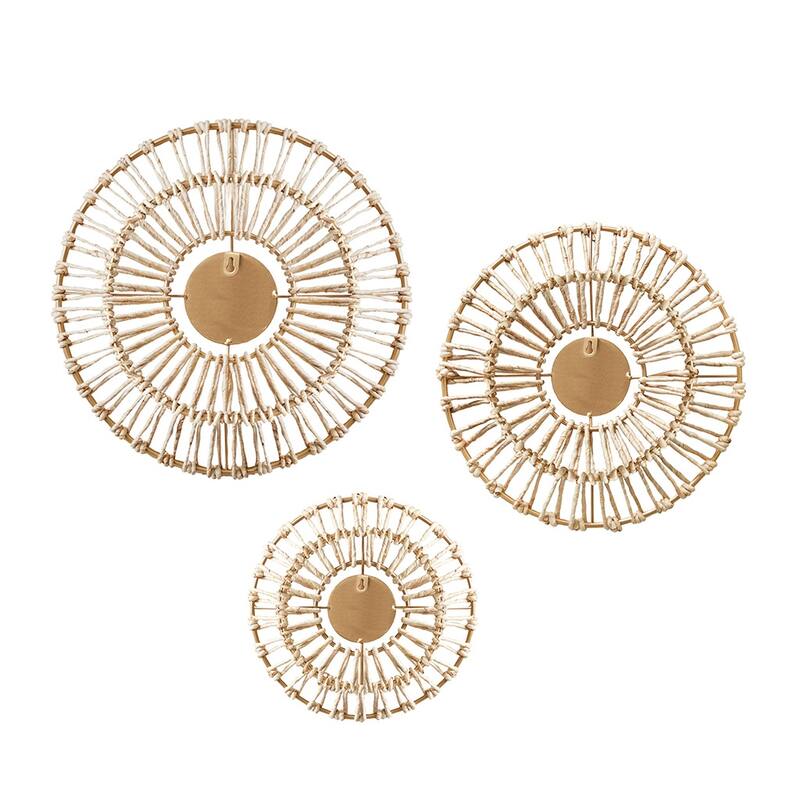GDF Studio - Ella Round Natural Fiber and Mirror 3-Piece Wall Decor Set
