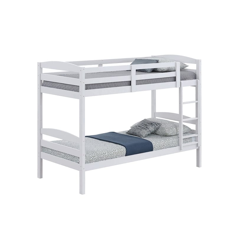 Modern White Solid Wood Twin Over Twin Bunk Bed with Ladder