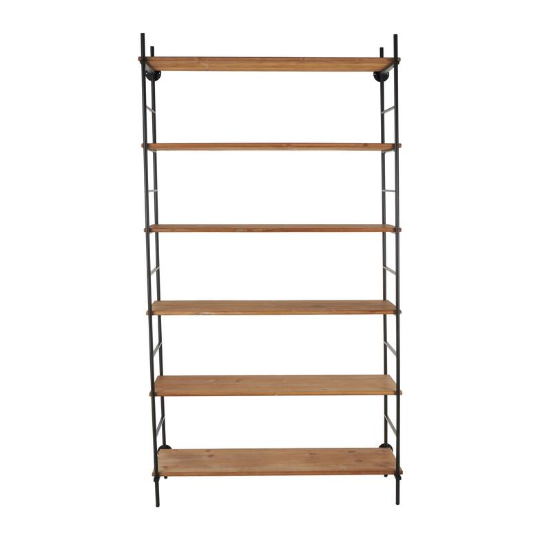 Wood Rectangular 6 Level Shelving Unit with Black Metal Ladder Frames - Brown - Roche River Decor