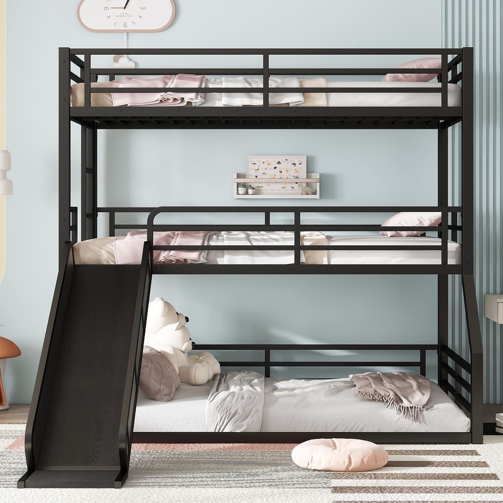 Twin/Twin/Full Triple Bunk Bed with Slide - Metal Frame, Safety Guardrails, Noise-Reduced (Black)