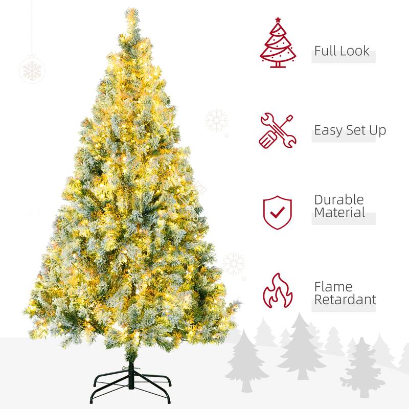 HOMCOM 6ft Tall Prelit Artificial Christmas Tree Holiday Décor with 607 Snow Flocked Branches, Steel Base - 5.89 ft