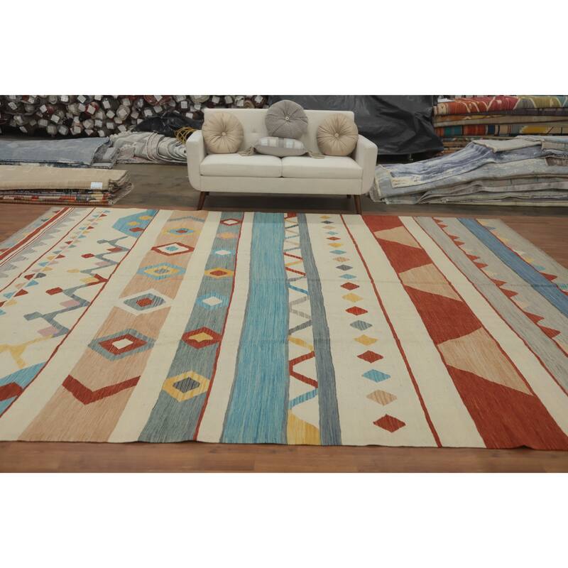 Hand Woven Oriental 100% Wool Carpet Southwestern Tribal Beige & Ivories Kilim Area Rug - 12' 10'' X 10' 0''