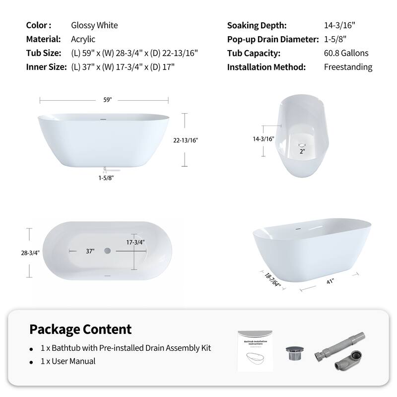 60" Glossy White Oval Acrylic Freestanding Bathtub
