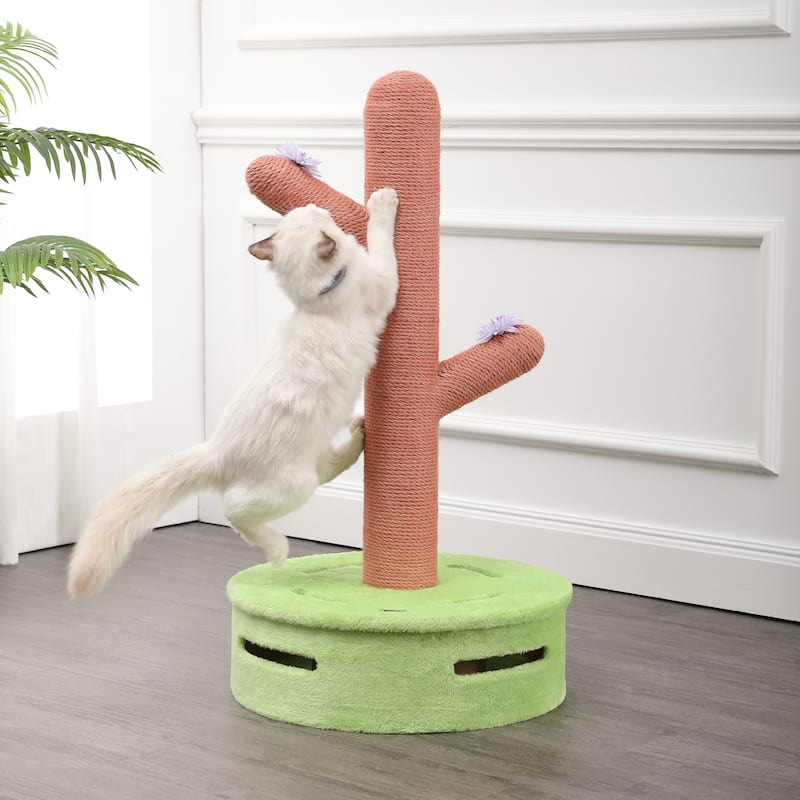 Rosa 36" Modern Jute Cactus Cat Scratching Post with Flower Toys and Built-In Bell Toys, Pink/Green