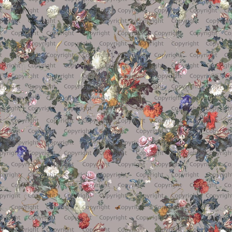 Dark Botanical Blooming Floral Wallpaper Mural - Gray - W:204" x H:110"