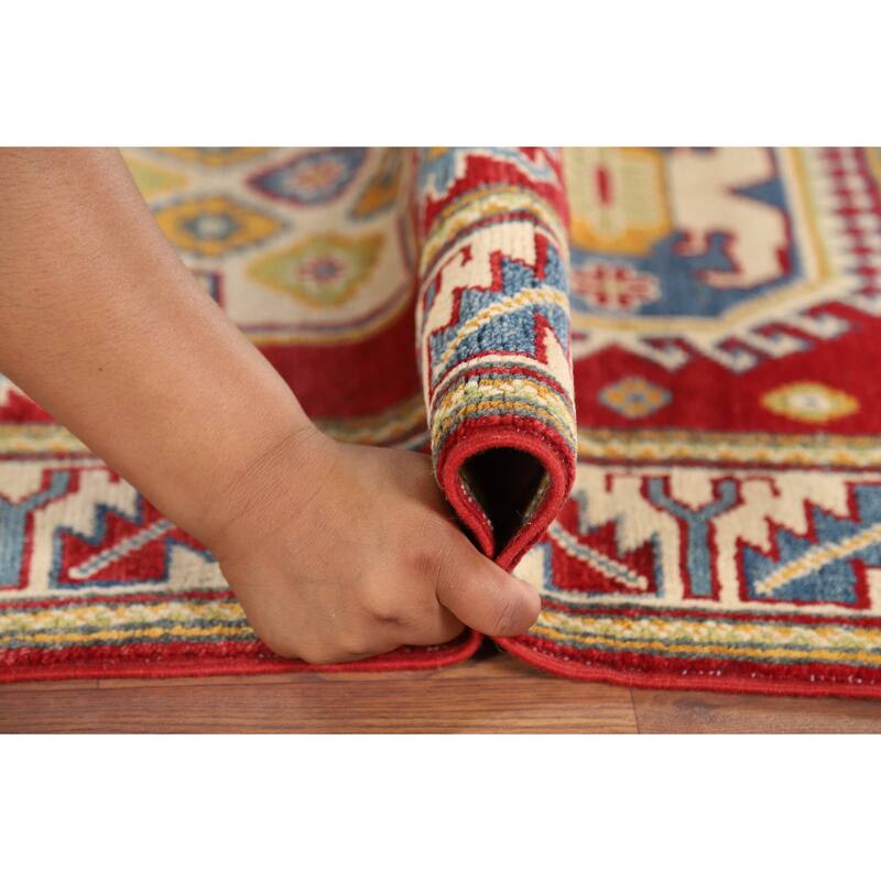 Geometric Kazak Foyer Rug Handmade Red Wool Carpet - 2'7" x 4'3"