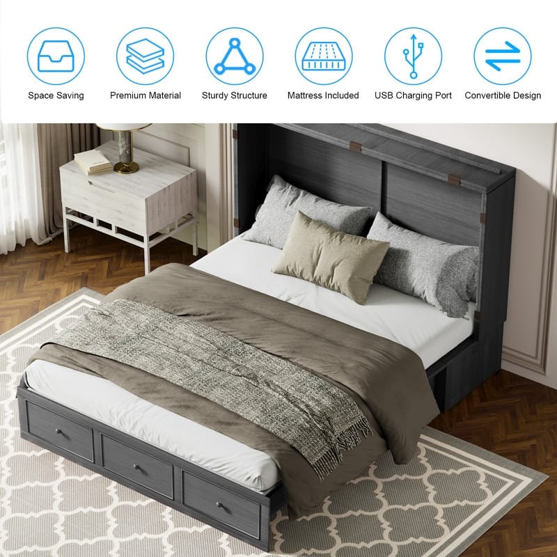 Mixoy Murphy Bed with Foldable Mattress,Modern Cube Cabinet Bed with Storage Drawer & USB Charging Station