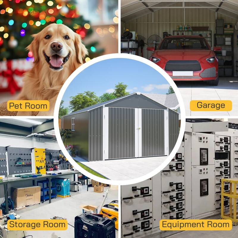 GDFStudio - Cassandra Large Outdoor Metal Storage Shed with Lockable Doors for Secure Vehicle and Equipment Storage