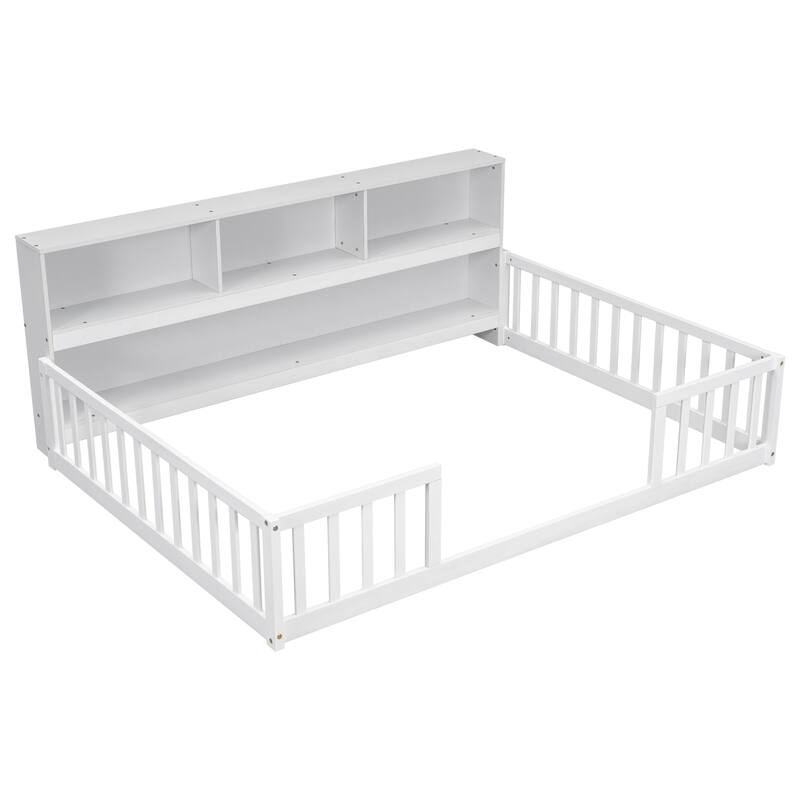 Roomfitters Twin/Full Floor Bed with Side Bookcase & Shelves, Guardrail Platform Bed, Space-Saving Low Profile Bed