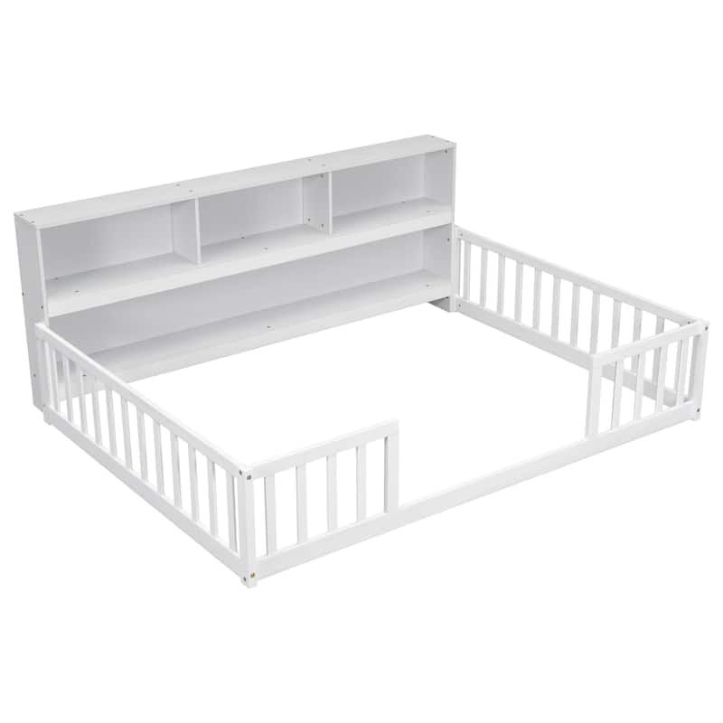 Toddler Floor Storage Bed with Bedside Bookcase, Shelves, Fence Guardrails, No Door, No Slats for Boys Girls Children's Room