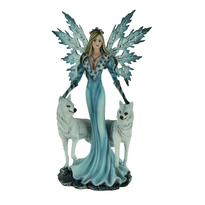 Blue Ice Fairy Standing With Winter White Wolves Statue - 9.75 X 6 X 3 inches
