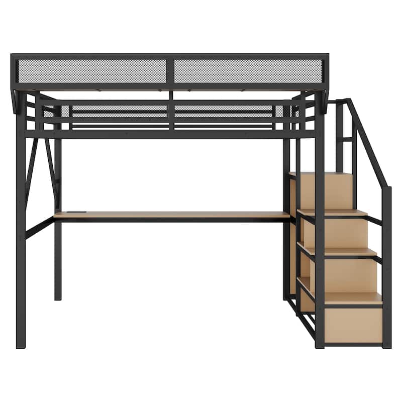 Iron Loft Bed Frame with Desk, Charging Station, Bedside Shelf and Wardrobe, Heavy Duty Metal Loftbed with LED Lights