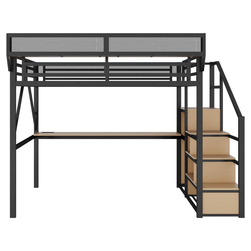 Metal Loft Bed with Storage Stairs Upper Storage Shelves and Wardrobe, Metal Structure Bed Optional Desk Charging Station