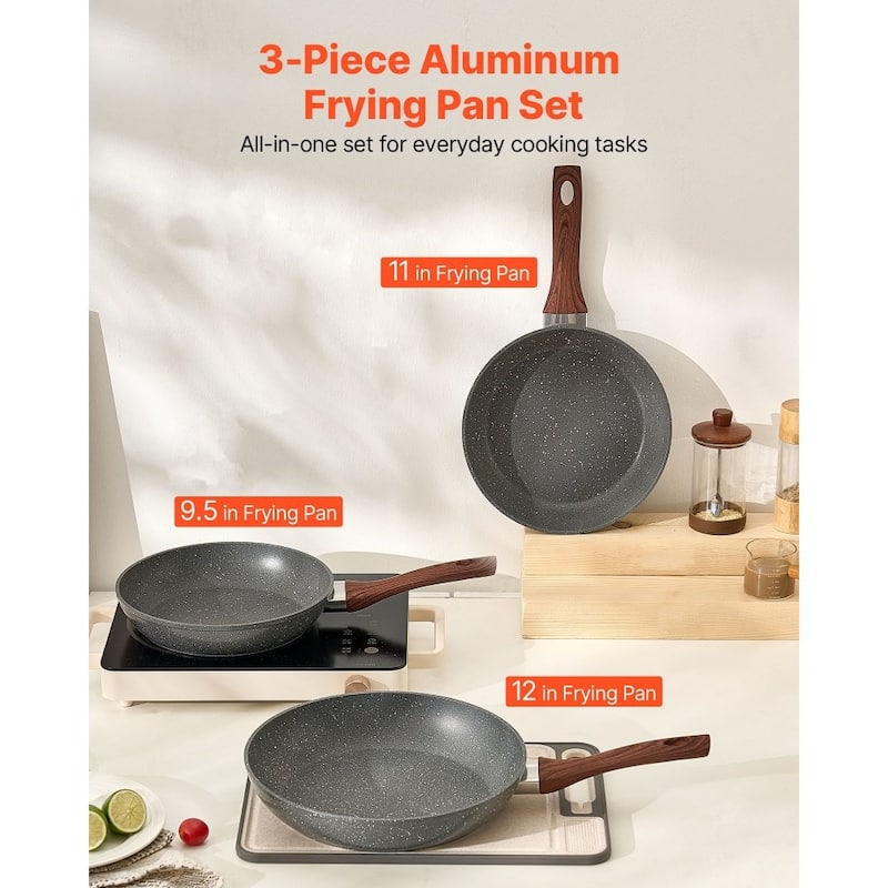 3 Piece Aluminum Frying Pan Set with Nonstick Surface and Stays Cool Handles Suitable for All Stoves