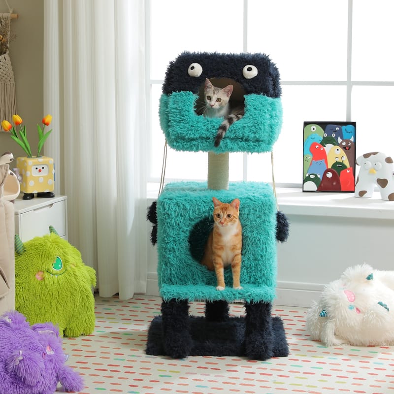 Indoor cat tower with cat condo and sisal scratching post - Blue - M