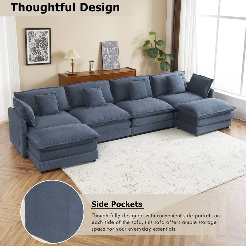 149.6" Corduroy U-Shaped Sectional Sofa with Ottomans