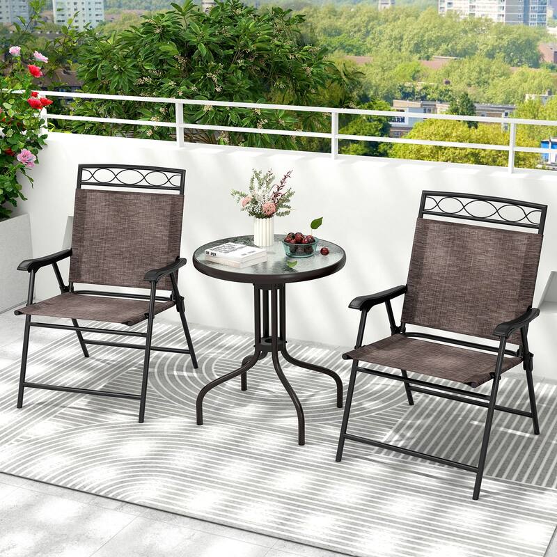 3 Pieces Foldable Outdoor Bistro Table and Chairs Set with Metal Frame and Comfortable Seating - 22" x 25.5" x 37"