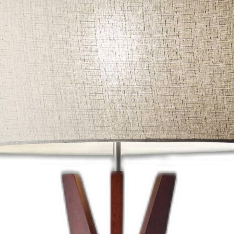 Brown Solid Wood Tripod Floor Lamp with White Fabric Drum Shade Rotary Switch - 20” x 20” x 59.5” (D x W x H)