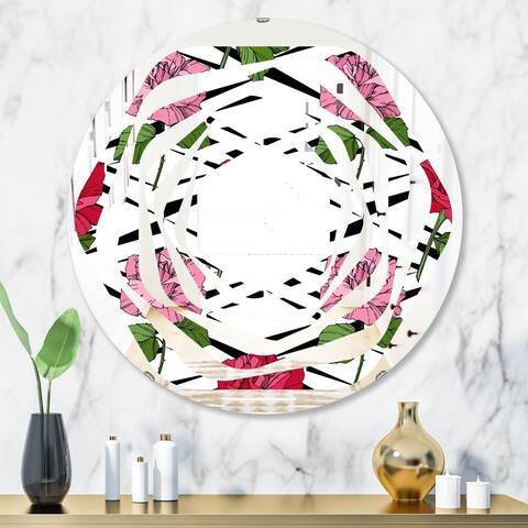 Designart 'Retro Pink and Red Roses' Printed Cottage Round or Oval Wall Mirror - Whirl