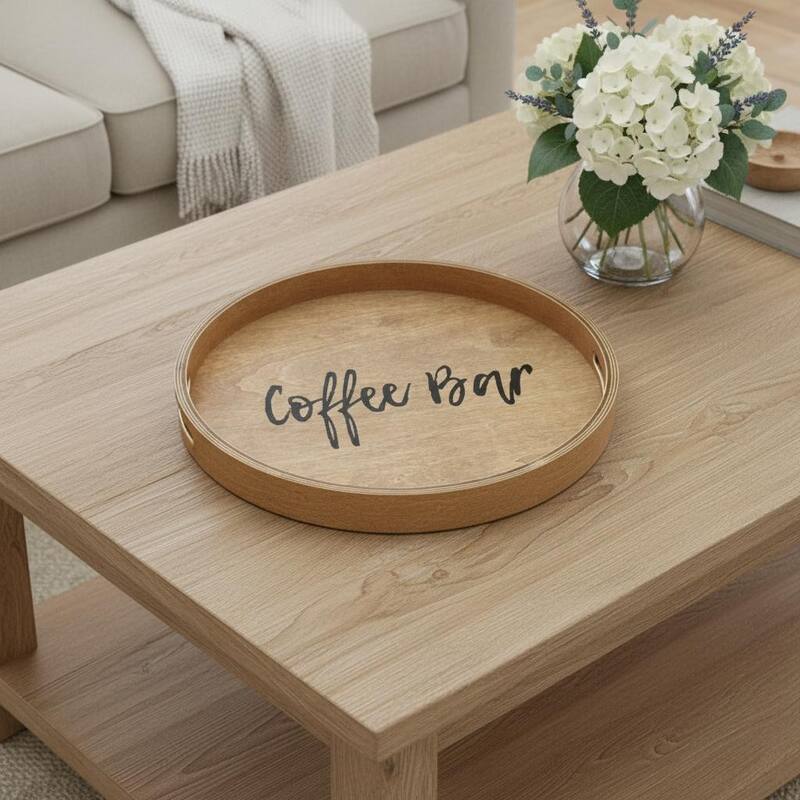 HomeRoots 14" Natural And Black Coffee Bar Round Serving Tray With Handles - 13.75 in. x 1.65 in. x 13.75 in. - Black/Natural - 13.75 in. x 1.65 in. x 13.75 in.
