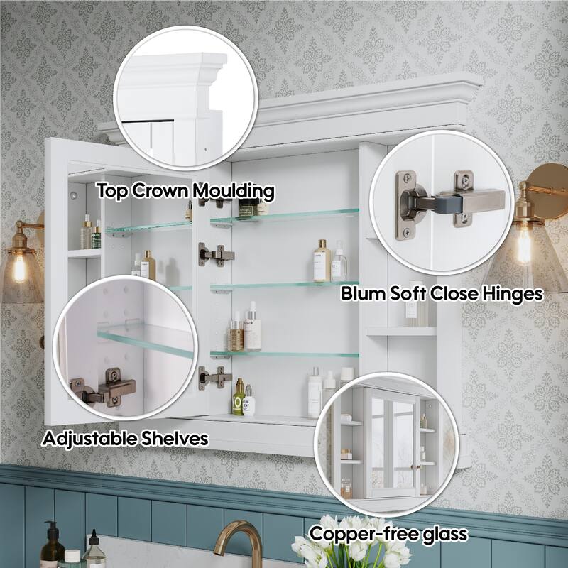 42"W X32''H Recessed Wall-Mounted Solid Wood Framed Medicine Cabinet With Adjustable Glass Shelves
