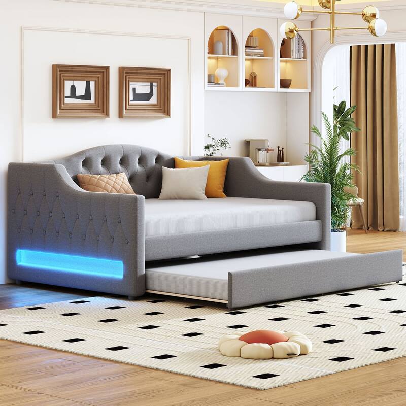 Full XL Upholstered Daybed with LED Lighting and Trundle, Gray