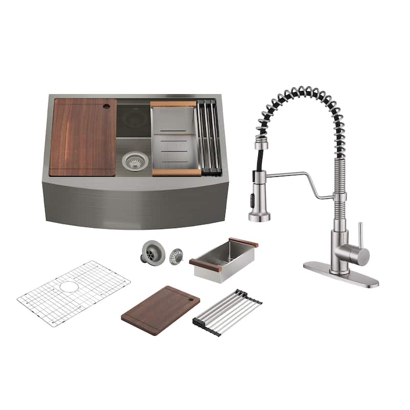 Farmhouse/Apron-Front Single Bowl 16 Gauge Stainless Steel Workstation Kitchen Sink with Pull Down Kitchen Faucet & Accessories - Sink + Brushed Nickel Pull Down Kitchen Faucet