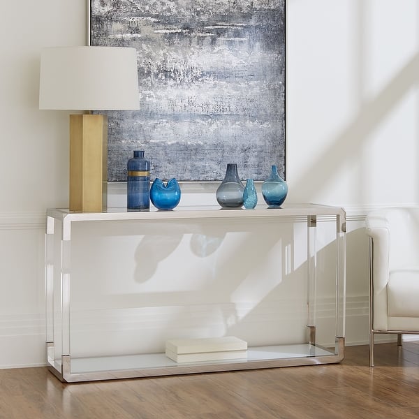 slide 1 of 4, Jasper Console Table in White Glass and Polished Stainless Steel