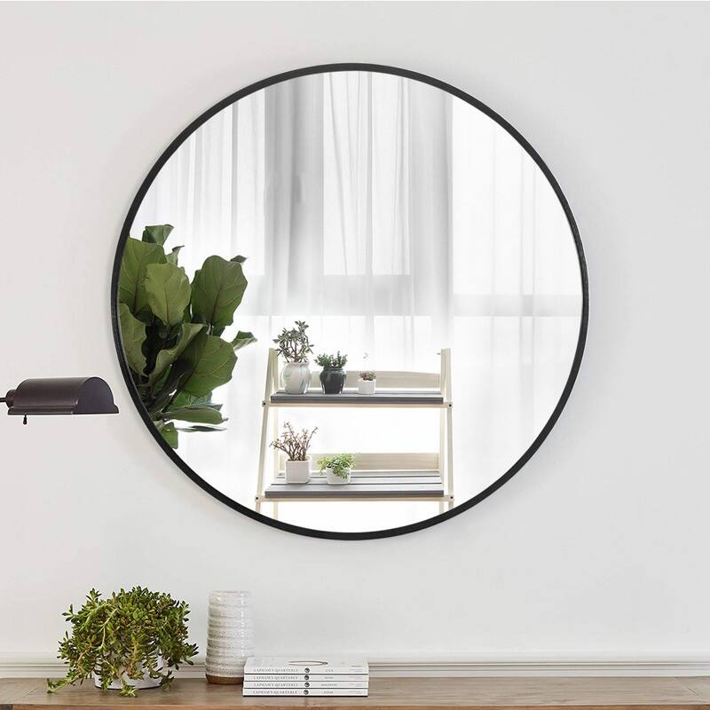 Classic Round Accent Bathroom Mirror Metal Frame Hanging Wall Mounted Circle Mirror for Wall Decor Vanity Entryway Living Room - 31.5" x 31.5" - Black