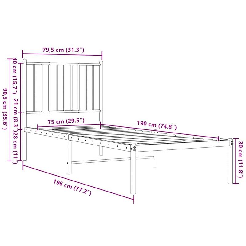 vidaXL Bed Frame Metal Platform Bed Base Mattress Foundation for Home Bedroom - 31.3 x 77.2 x 35.6