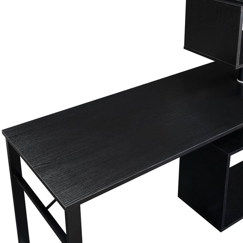 Home Office Computer Desk L-Shaped Corner Table, Rotating Office Desk with 5-Tier Bookshelf & Lockable Casters
