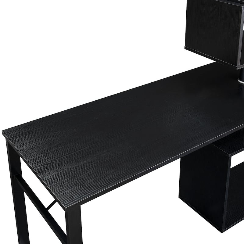Roomfitters L-Shaped Home Office Desk, Corner Computer Table with 5-Tier Bookshelf, Lockable Casters, 4 Setups, Black