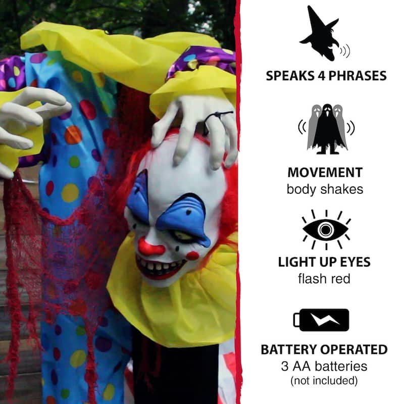 Haunted Hill Farm Life-Size Animatronic Talking Clown with Lights and Sound, Indoor or Covered Outdoor Halloween Decoration
