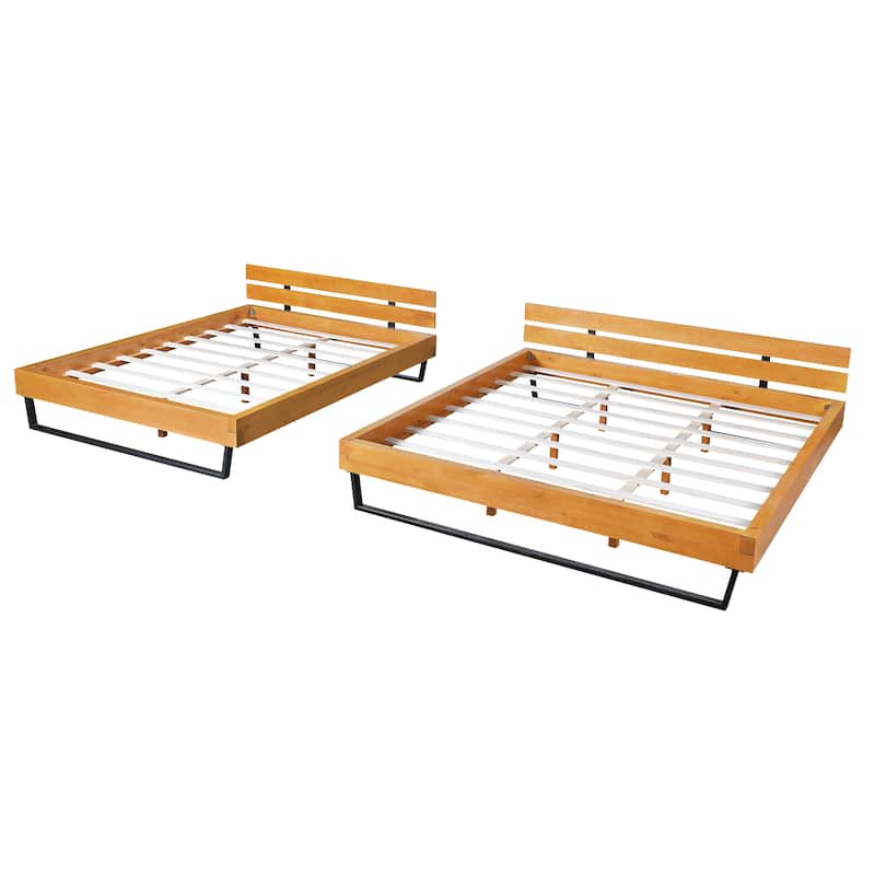 King Size Pine Wood Bed Frame with Natural and Black Color Powder-Coated Iron Legs Easy Assembly
