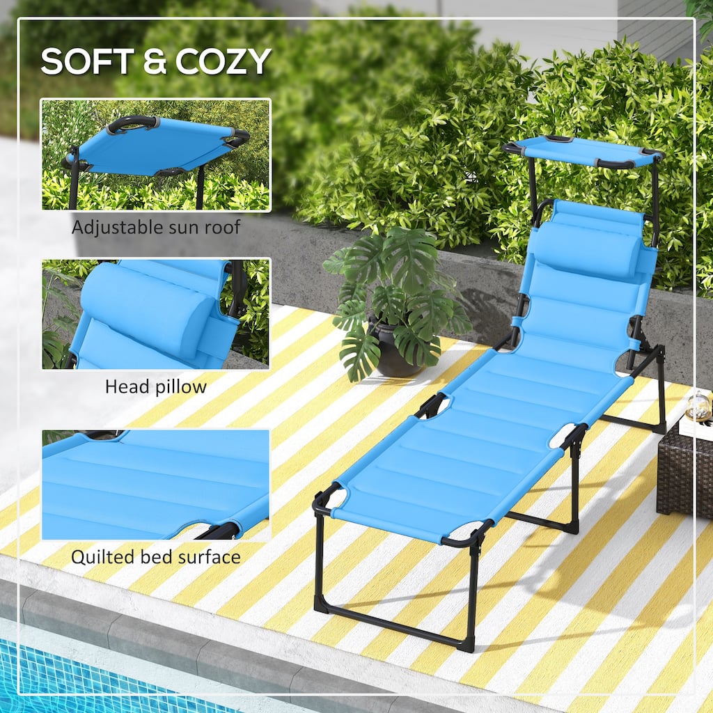 2 Pcs Tri-fold Foldable Lounge Tanning Chair with Awning & Pillow Headrest, Outdoor Lounge Chair with 4-Level Adjustable