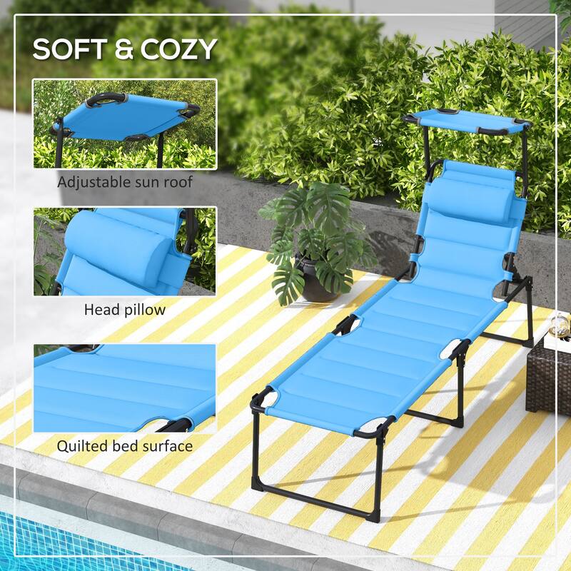2 Pcs Lounge Chair, Adjustable Backrest Folding Chaise, Cushioned Tanning Chair Sunshade Roof & Pillow Headrest