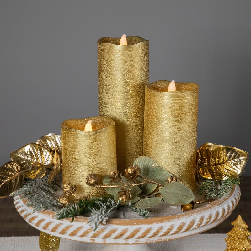 LED Brushed Flameless Christmas Pillar Candles - 8" - Gold Finish - Set of 3