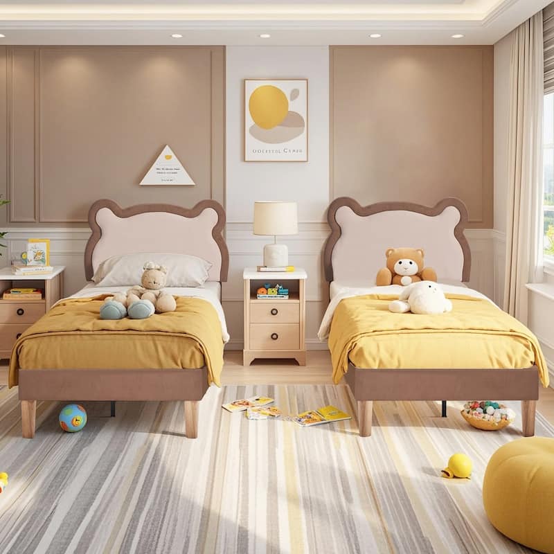 VECELO Twin Beds for Kids, Upholstered Platform Bedframes, Brown Kids Bed Set of 2 - Brown