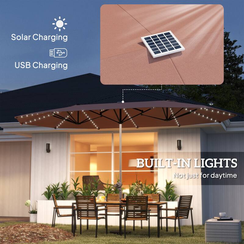 Solar Powered LED Patio Umbrella with UV Protection Outdoor Garden Patio Umbrella with LED Lights Crank Lift