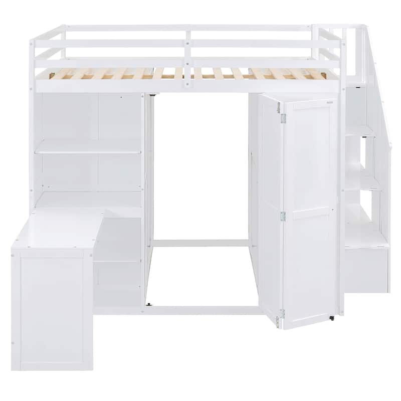 Full Size Bunk Bed with Wardrobe, Desk and Shelves for Kids, Boys and Girls, Bedroom