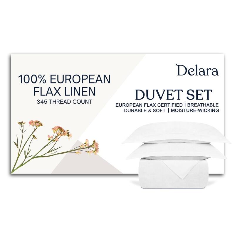 Delara 100% European Flax Linen Duvet Cover Set, Ultra Soft Smooth & Breathable - White - Twin