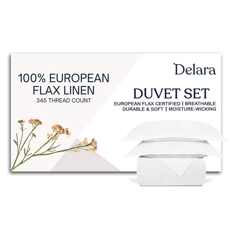 Delara 100% European Flax Linen Duvet Cover Set, Ultra Soft Smooth & Breathable