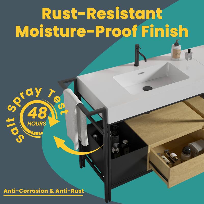 GDFStudio - Forte Industrial Metal Frame Bathroom Vanity with Artificial Stone Basin, Towel Rack & Open Storage