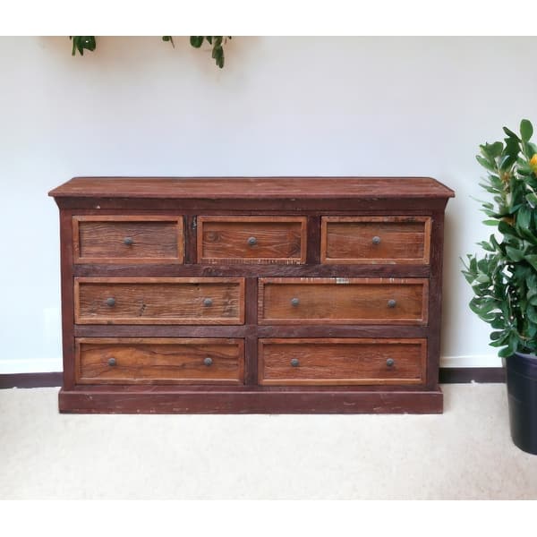 HomeRoots 64" Brown Distressed Solid and Reclaimed Wood Seven Drawer Double  Dresser - Bed Bath & Beyond - 41587466